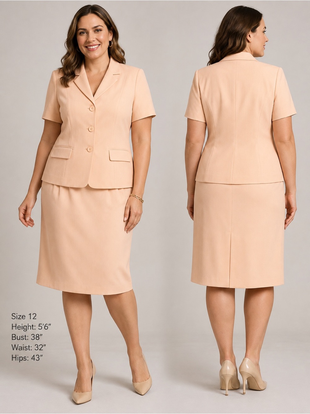 Le Suit Peach Short-Sleeve Pencil Skirt Suit
